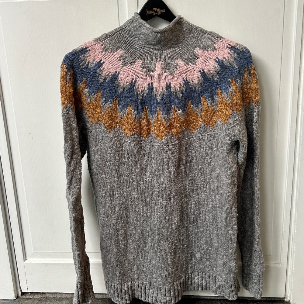 L.L. Bean Pullover Fair Isle Gray Cotton Knit Sweater Size Small